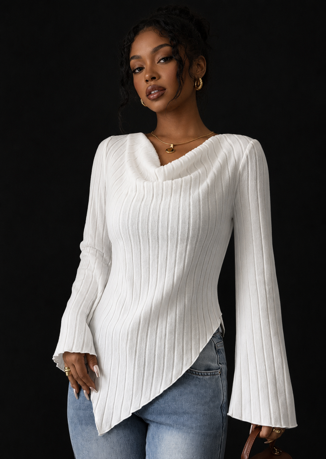 Cowl Neck Ribbed Knit T-Shirt