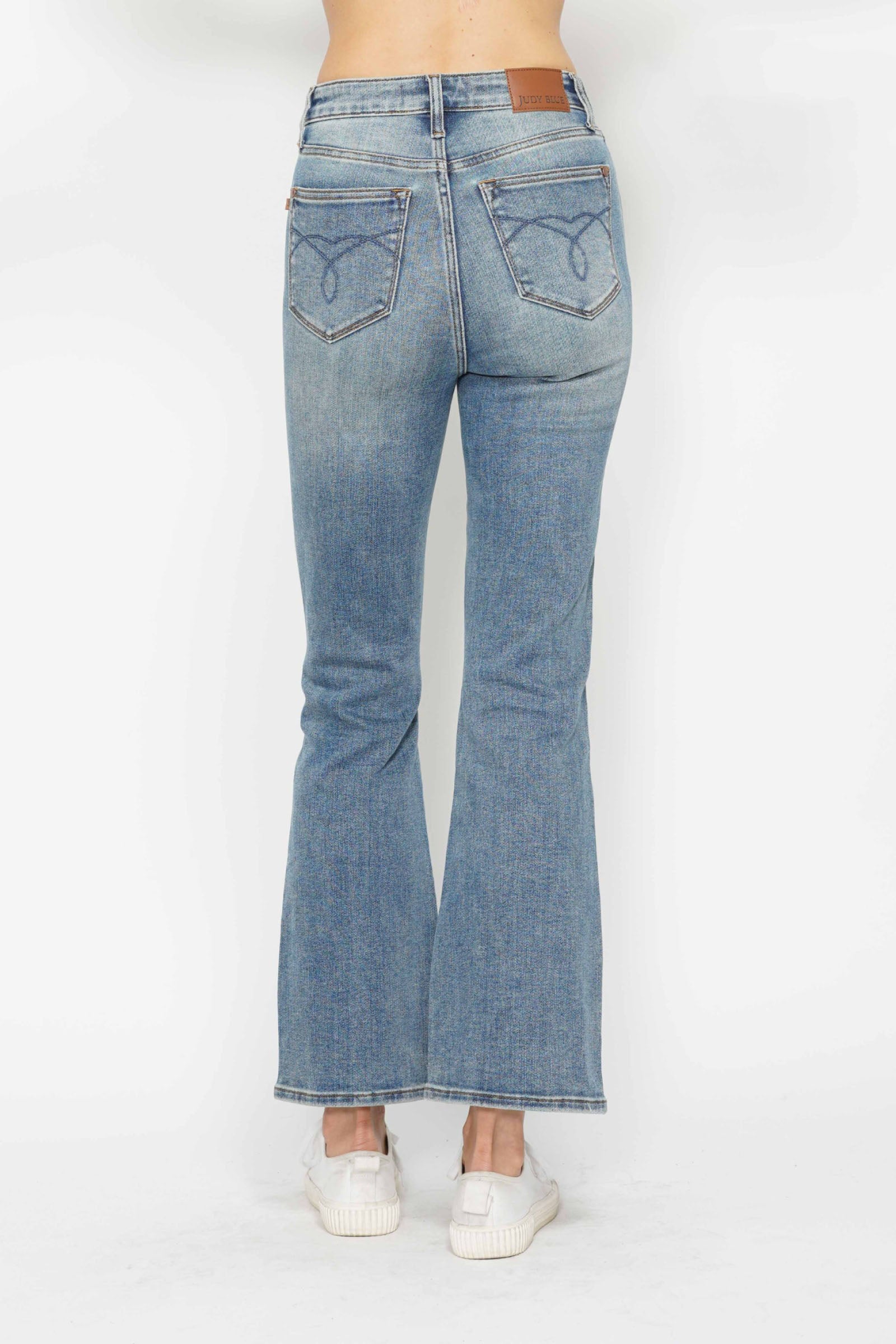 Judy Blue Full Size Tummy Control Back Embroidered Pocketed Bootcut Jeans Plus Size.