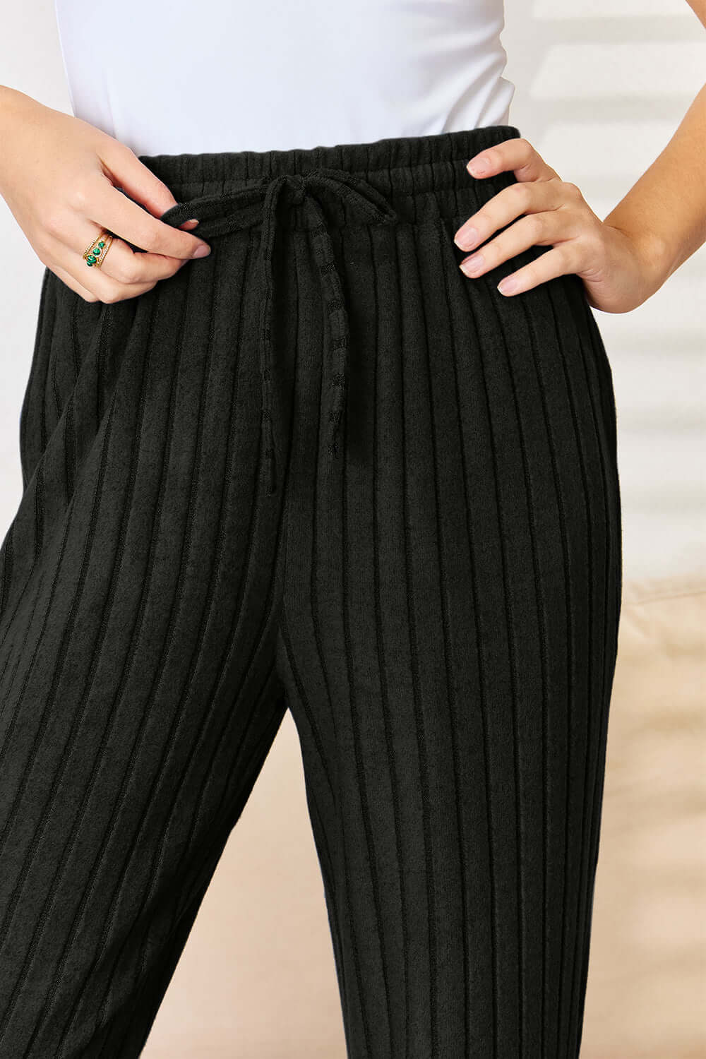 Basic Bae Full Size Ribbed Drawstring Hooded Top and Straight Pants Set.