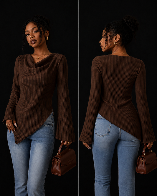 Cowl Neck Ribbed Knit T-Shirt