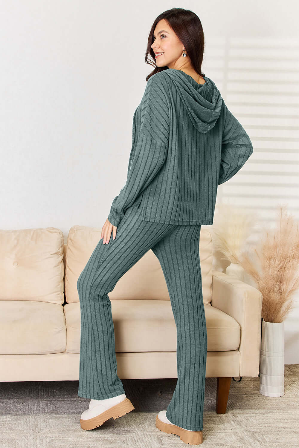 Basic Bae Full Size Ribbed Drawstring Hooded Top and Straight Pants Set.