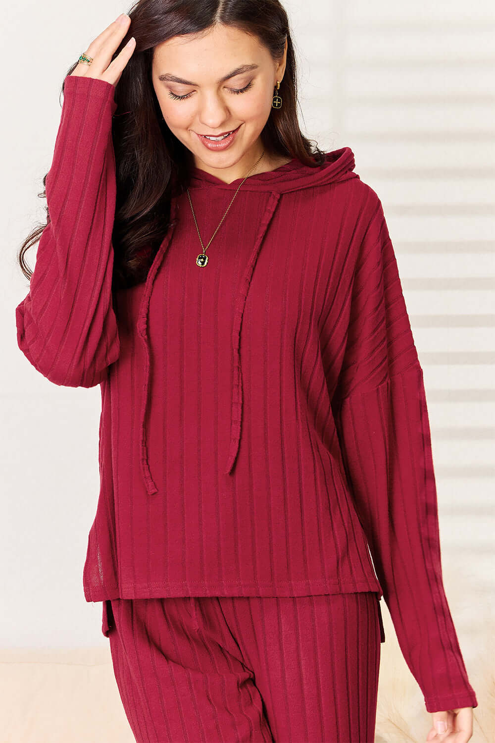 Basic Bae Full Size Ribbed Drawstring Hooded Top and Straight Pants Set.
