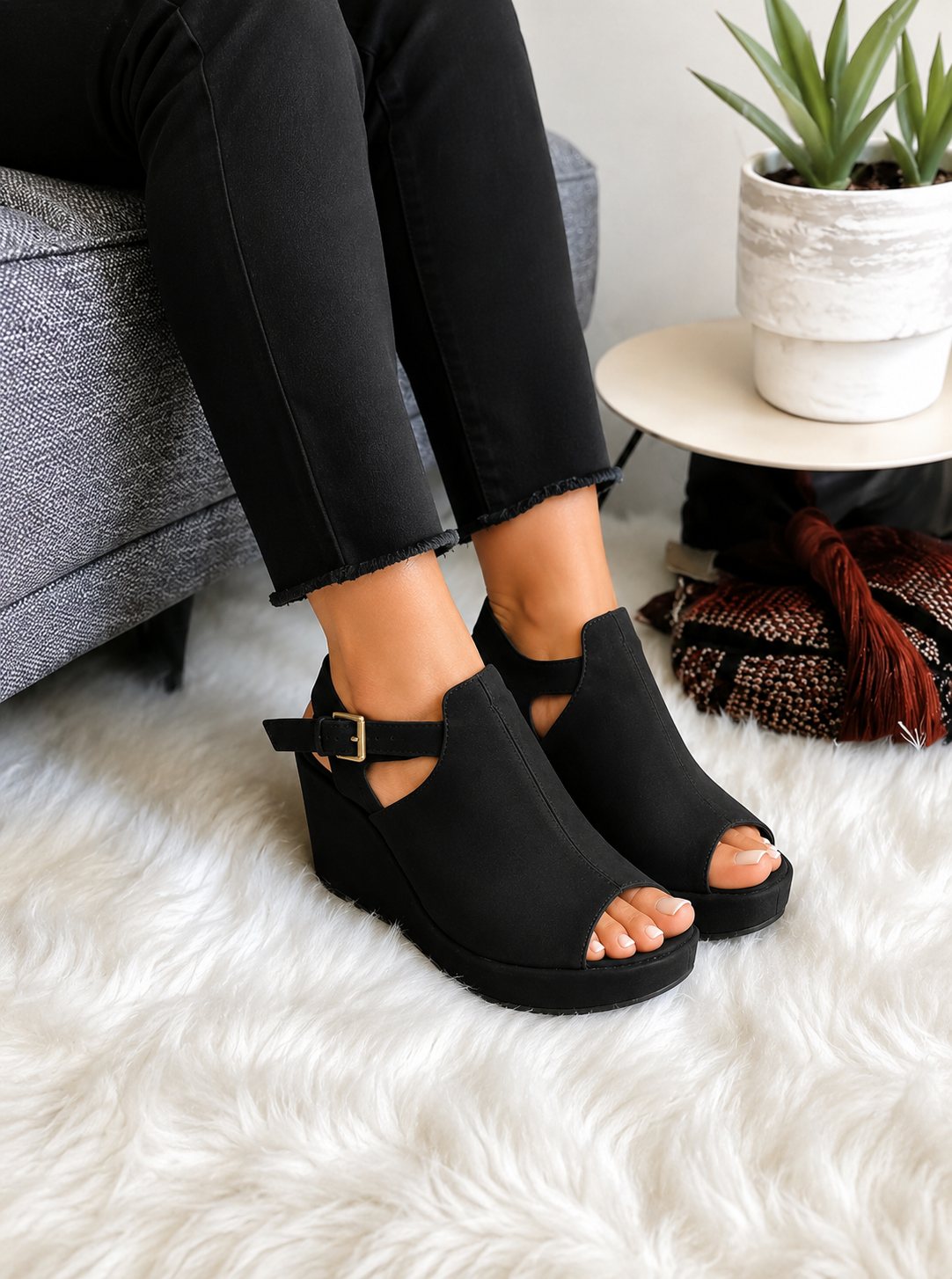 Black Wedge Open-Toed Sandal Ankle-Strap