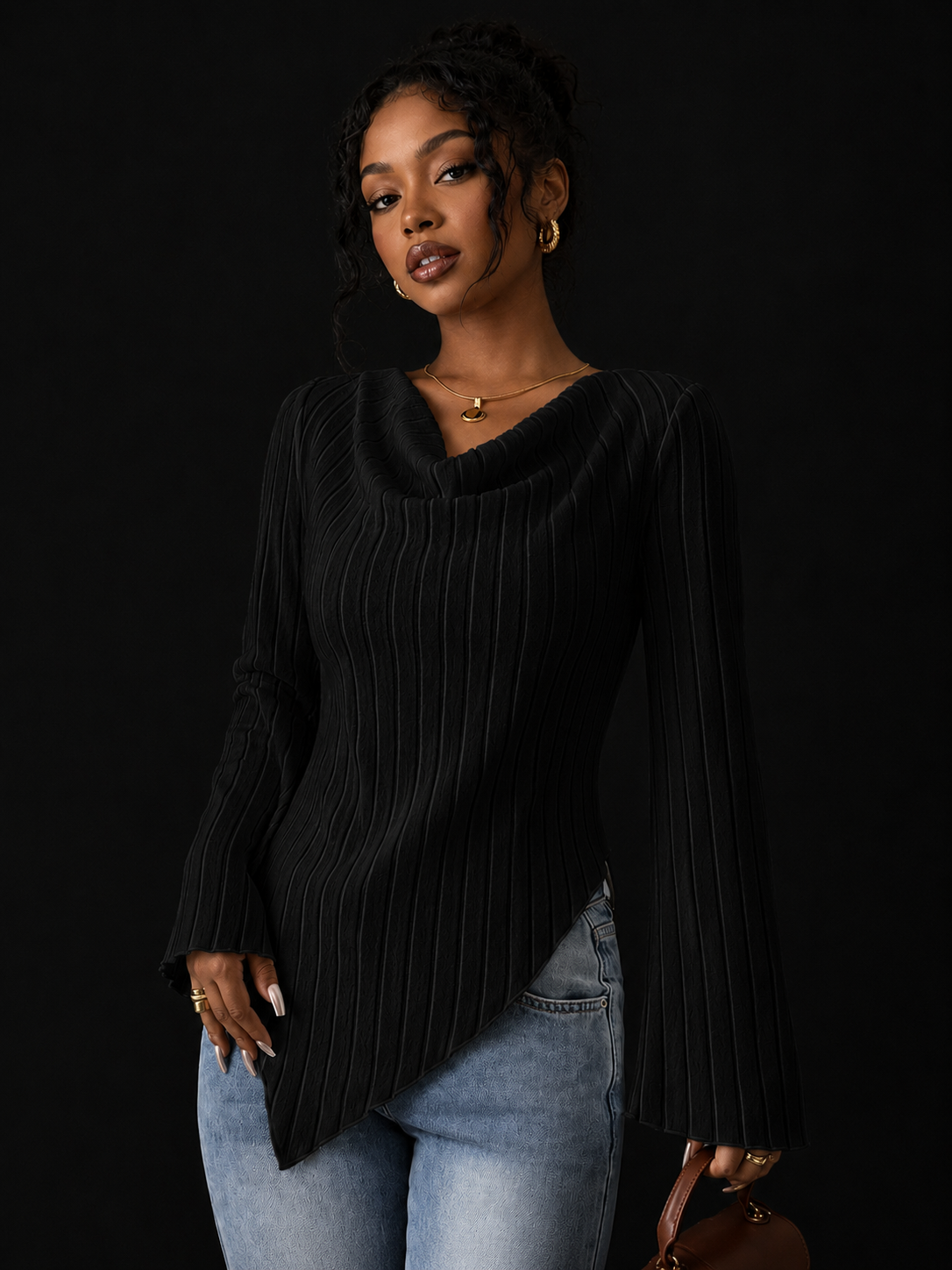 Cowl Neck Ribbed Knit T-Shirt