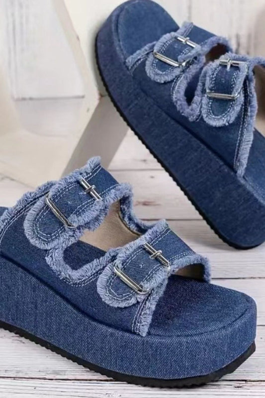Raw Hem Wedge Buckle Sandals.