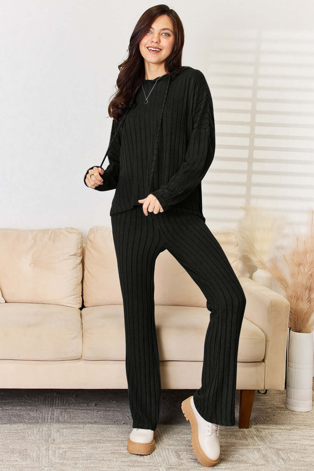 Basic Bae Full Size Ribbed Drawstring Hooded Top and Straight Pants Set.