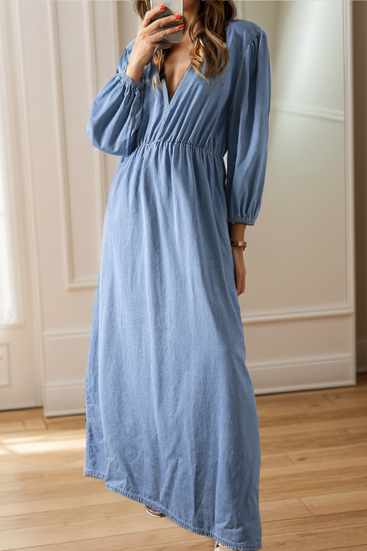 Tied Plunge Three-Quarter Sleeve Denim Dress.