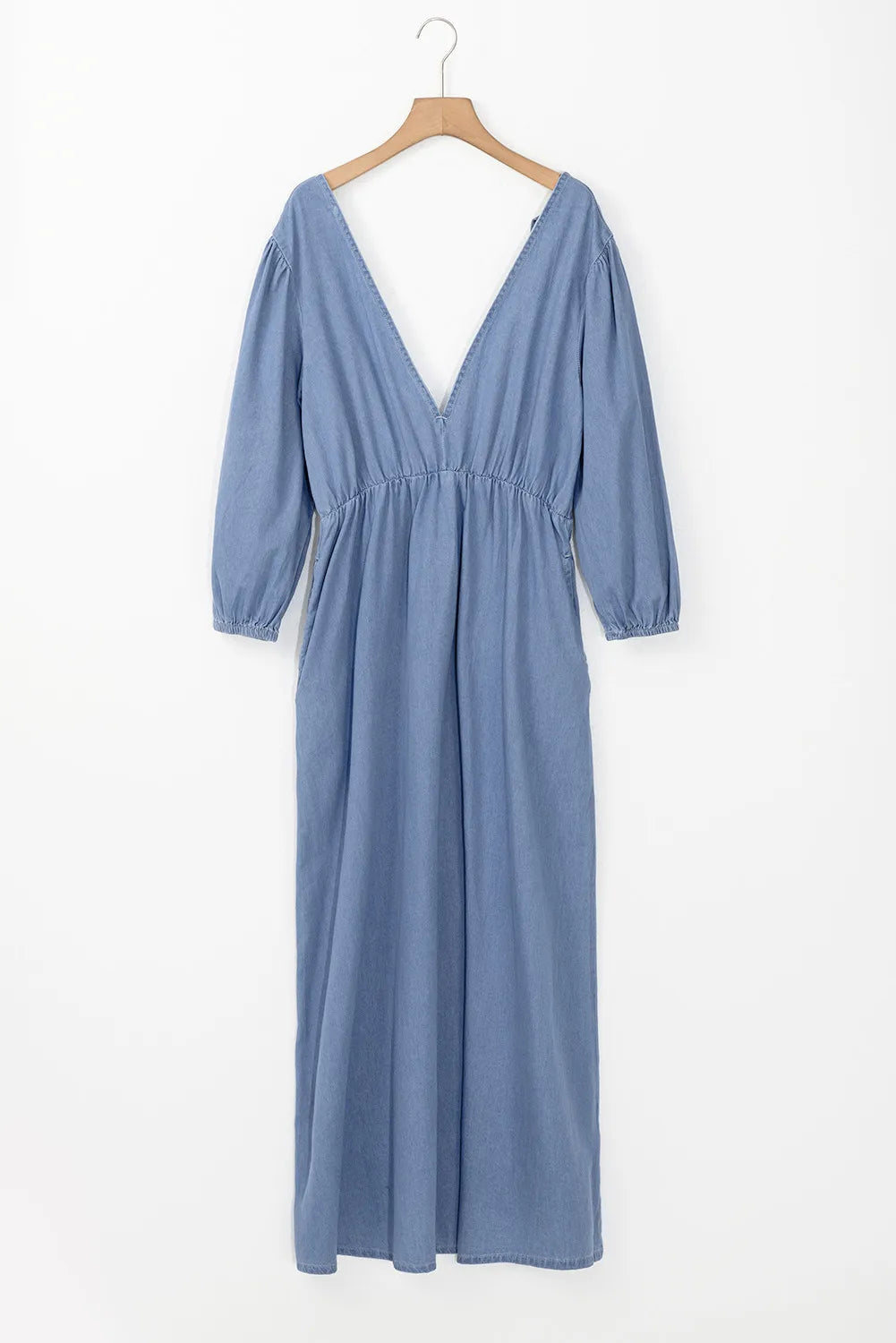 Tied Plunge Three-Quarter Sleeve Denim Dress.