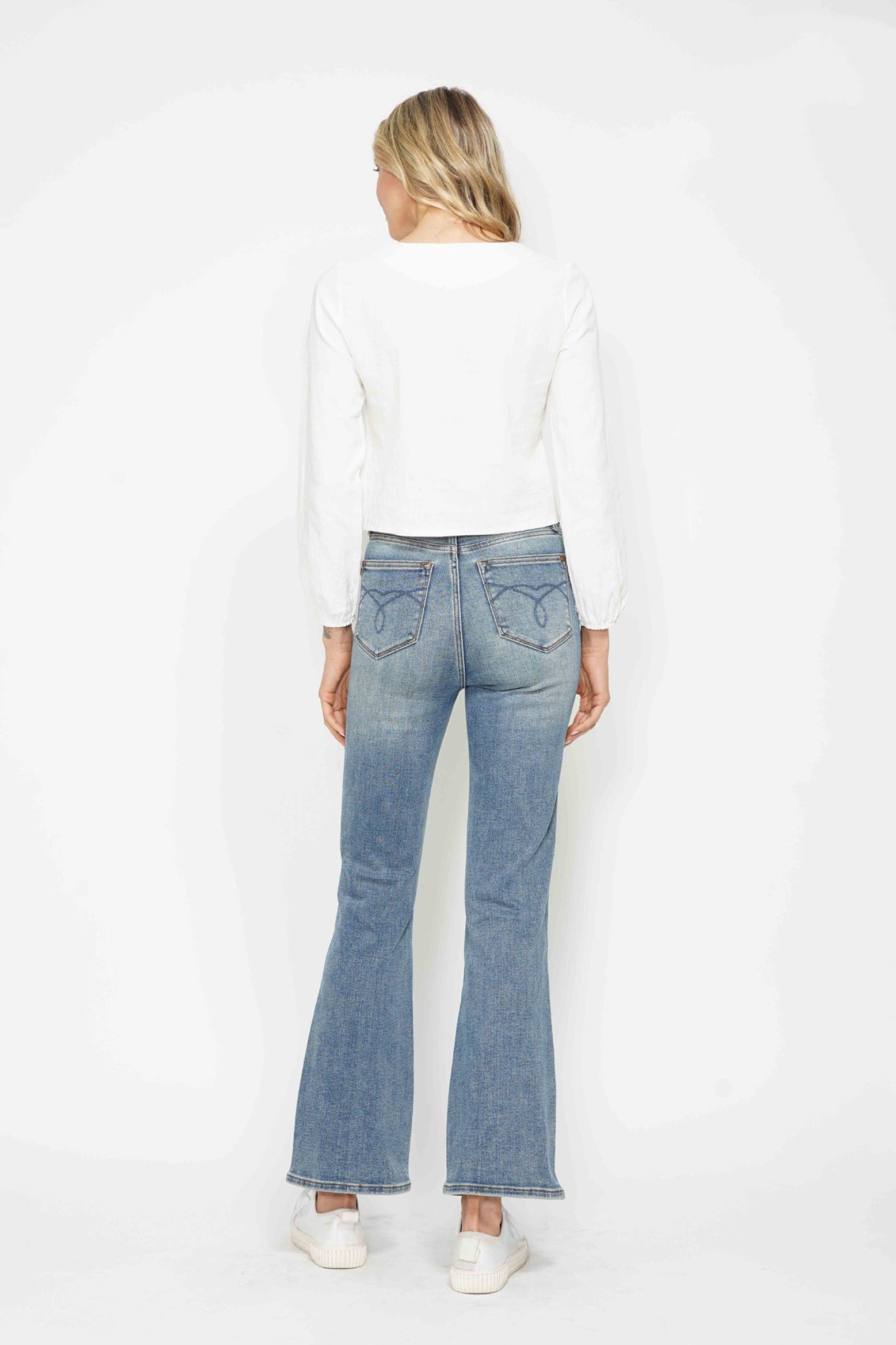 Judy Blue Full Size Tummy Control Back Embroidered Pocketed Bootcut Jeans Plus Size.