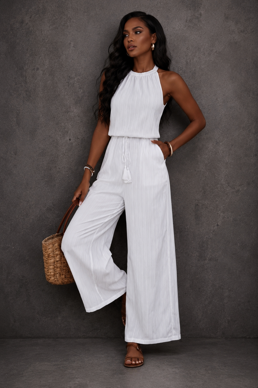 Full Size Tassel Sleeveless Wide Leg Jumpsuit Plus Size