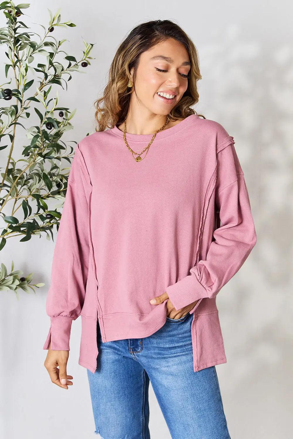 Culture Code Full Size Round Neck Exposed Seam Slit Top - M. Burks Pretty Boutique LLC.shop