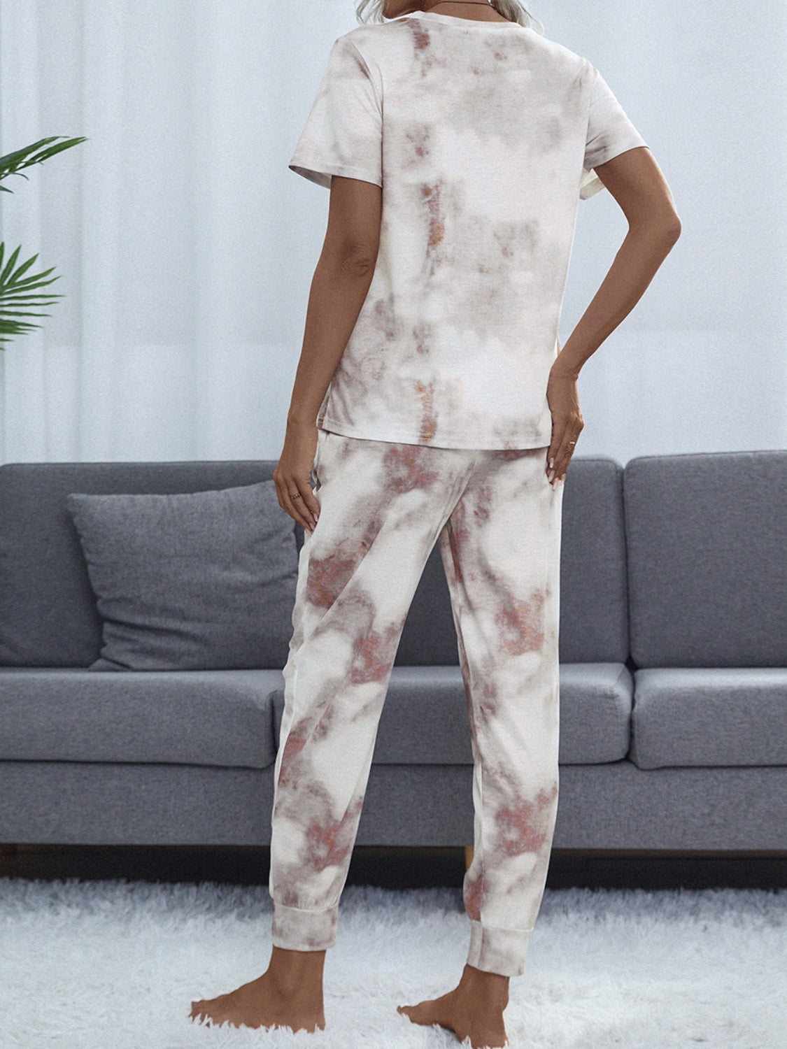 Shiny Tie-Dye Round Neck Short Sleeve Top and Pants Lounge Set.