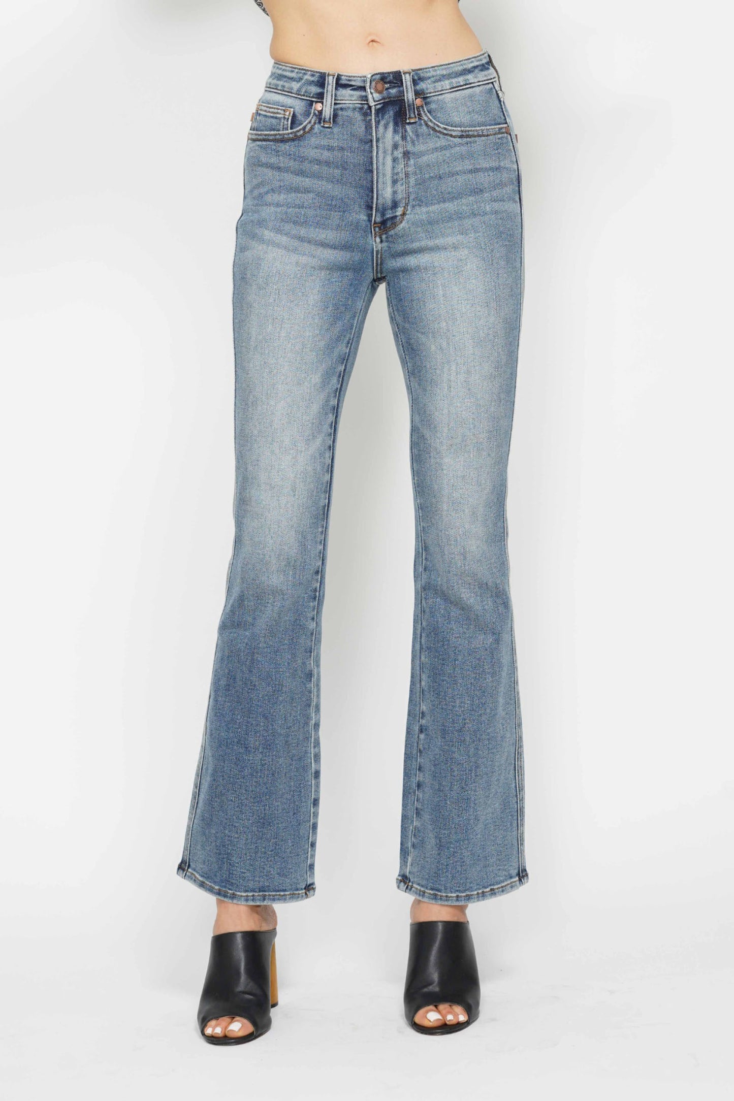 Judy Blue Full Size Tummy Control Back Embroidered Pocketed Bootcut Jeans Plus Size.