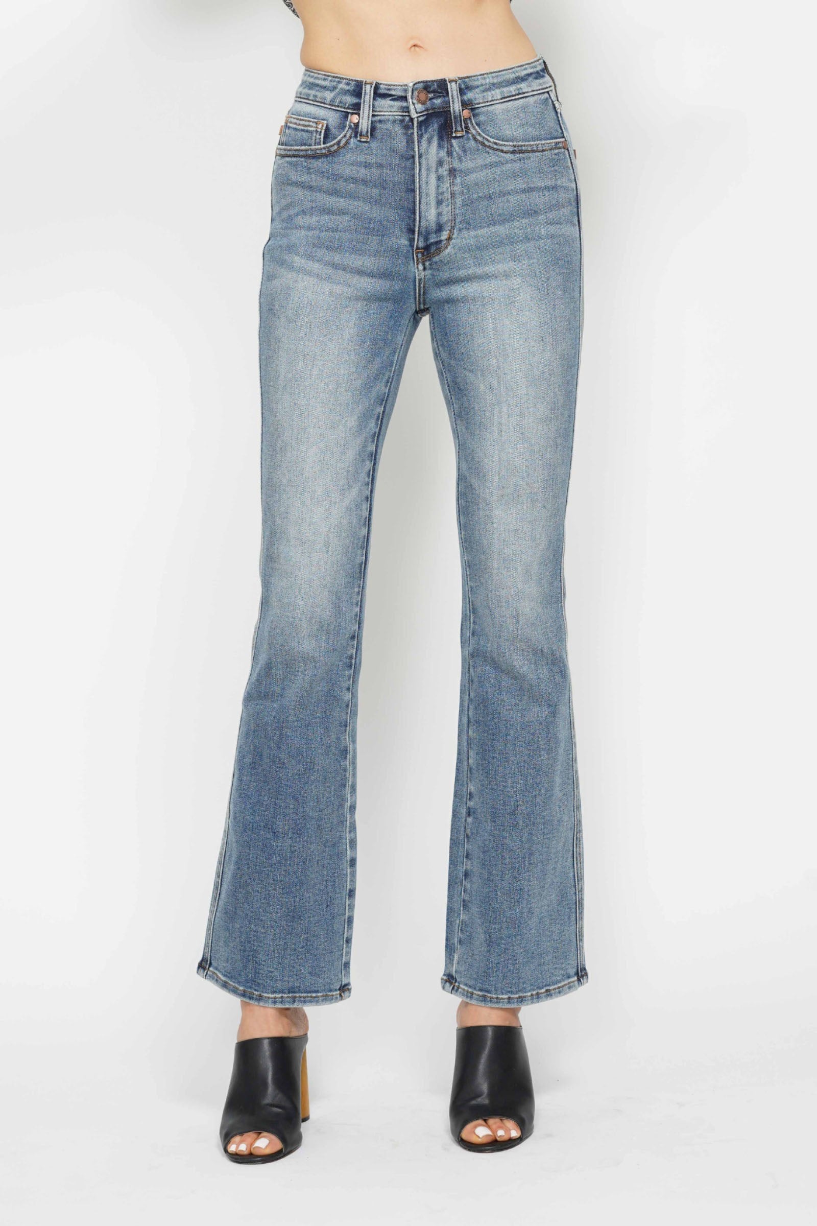 Judy Blue Full Size Tummy Control Back Embroidered Pocketed Bootcut Jeans Plus Size.