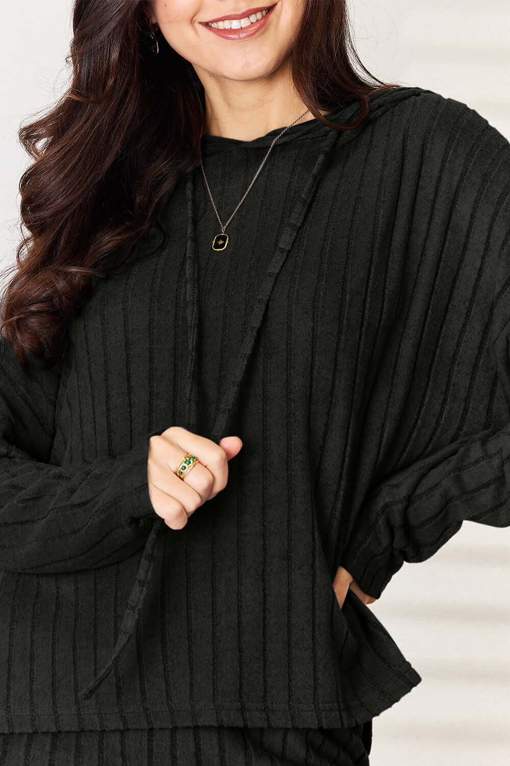 Basic Bae Full Size Ribbed Drawstring Hooded Top and Straight Pants Set.