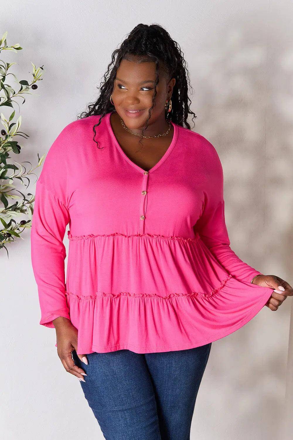 Double Take Half Button Long Sleeve Ruffle Hem Blouse - M. Burks Pretty Boutique LLC.shop