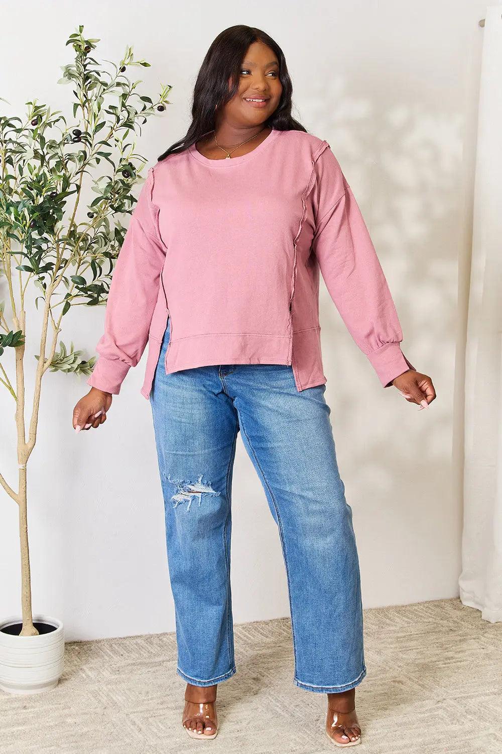 Culture Code Full Size Round Neck Exposed Seam Slit Top - M. Burks Pretty Boutique LLC.shop