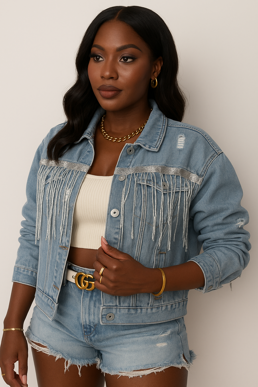 Sequin Fringe Trim Distressed Button Up Denim Jacket