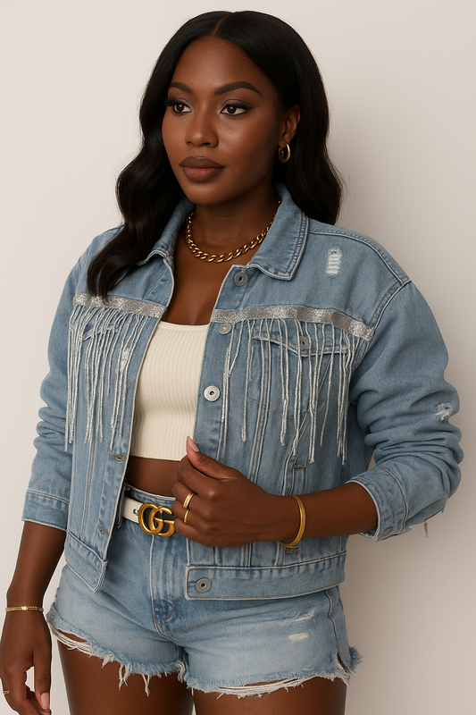 Sequin Fringe Trim Distressed Button Up Denim Jacket