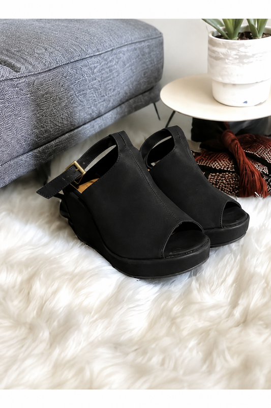 Black Wedge Open-Toed Sandal Ankle-Strap