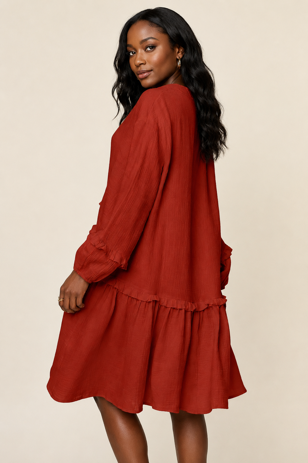 Double Take Full Size Texture Half Button Ruffle Trim Dress