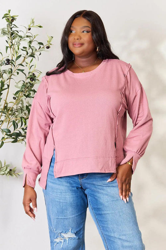 Culture Code Full Size Round Neck Exposed Seam Slit Top - M. Burks Pretty Boutique LLC.shop