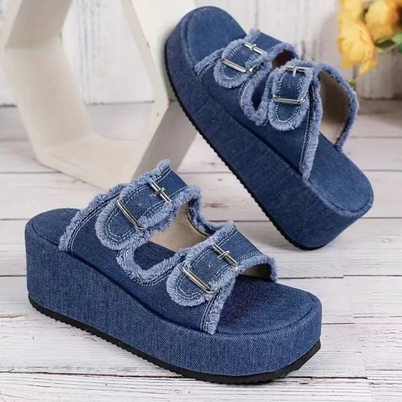 Raw Hem Wedge Buckle Sandals.