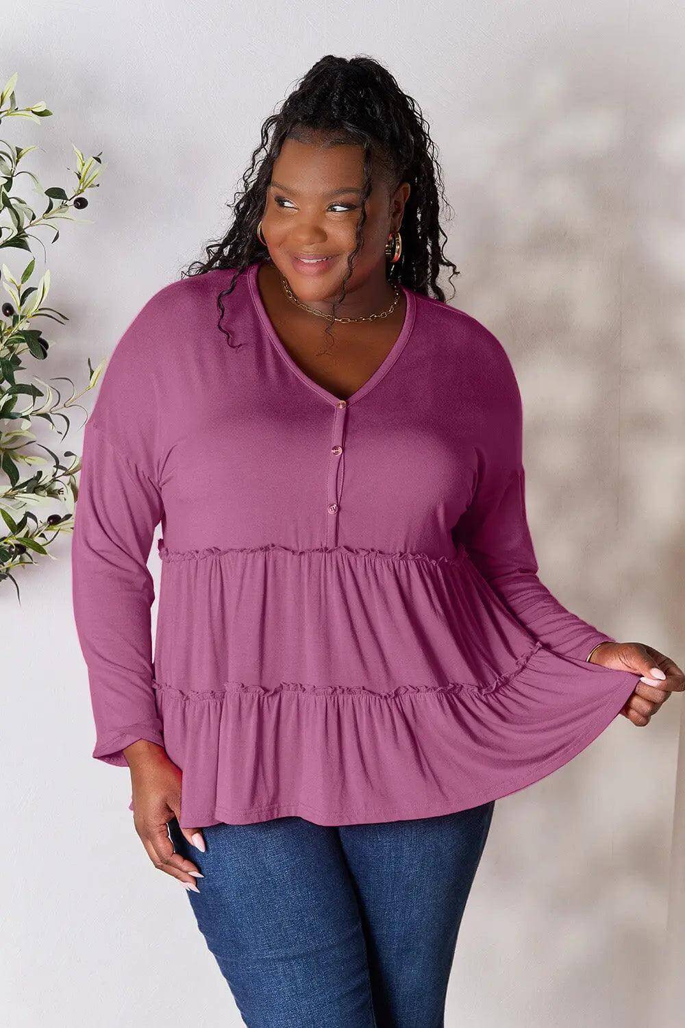 Double Take Half Button Long Sleeve Ruffle Hem Blouse - M. Burks Pretty Boutique LLC.shop