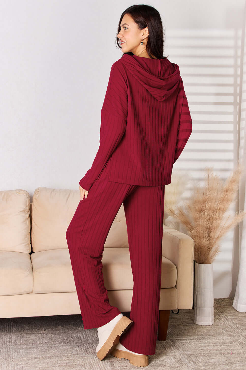Basic Bae Full Size Ribbed Drawstring Hooded Top and Straight Pants Set.