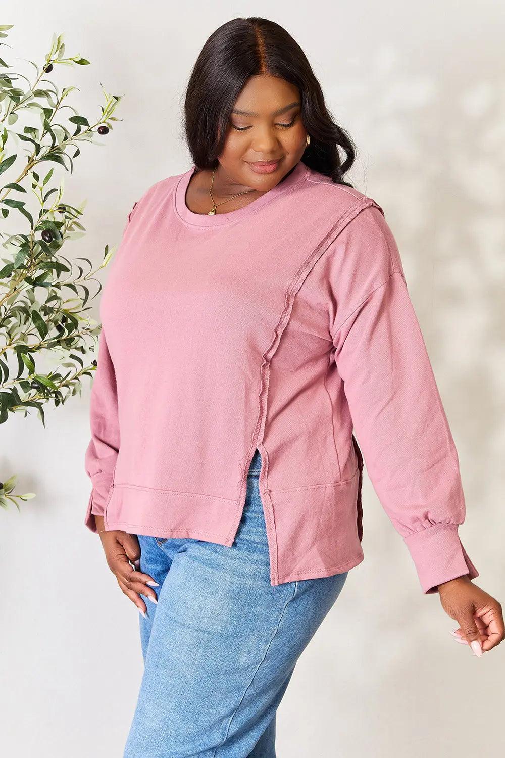 Culture Code Full Size Round Neck Exposed Seam Slit Top - M. Burks Pretty Boutique LLC.shop