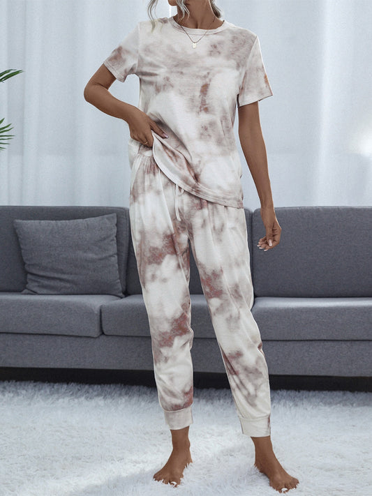 Shiny Tie-Dye Round Neck Short Sleeve Top and Pants Lounge Set.