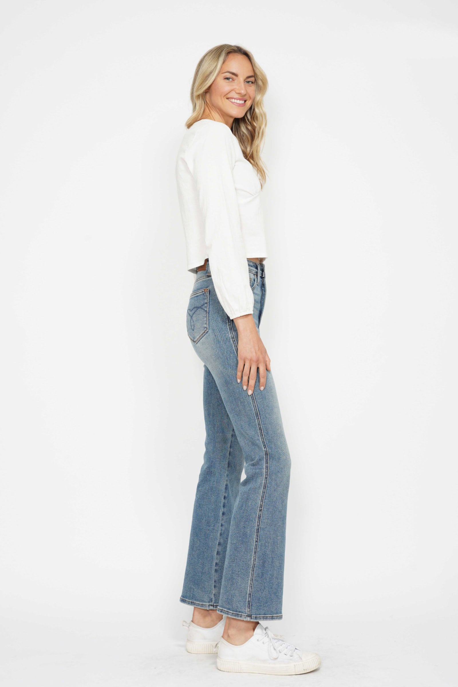 Judy Blue Full Size Tummy Control Back Embroidered Pocketed Bootcut Jeans Plus Size.