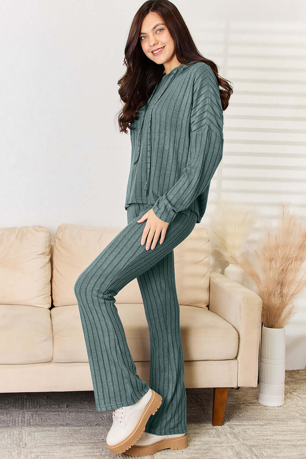 Basic Bae Full Size Ribbed Drawstring Hooded Top and Straight Pants Set.