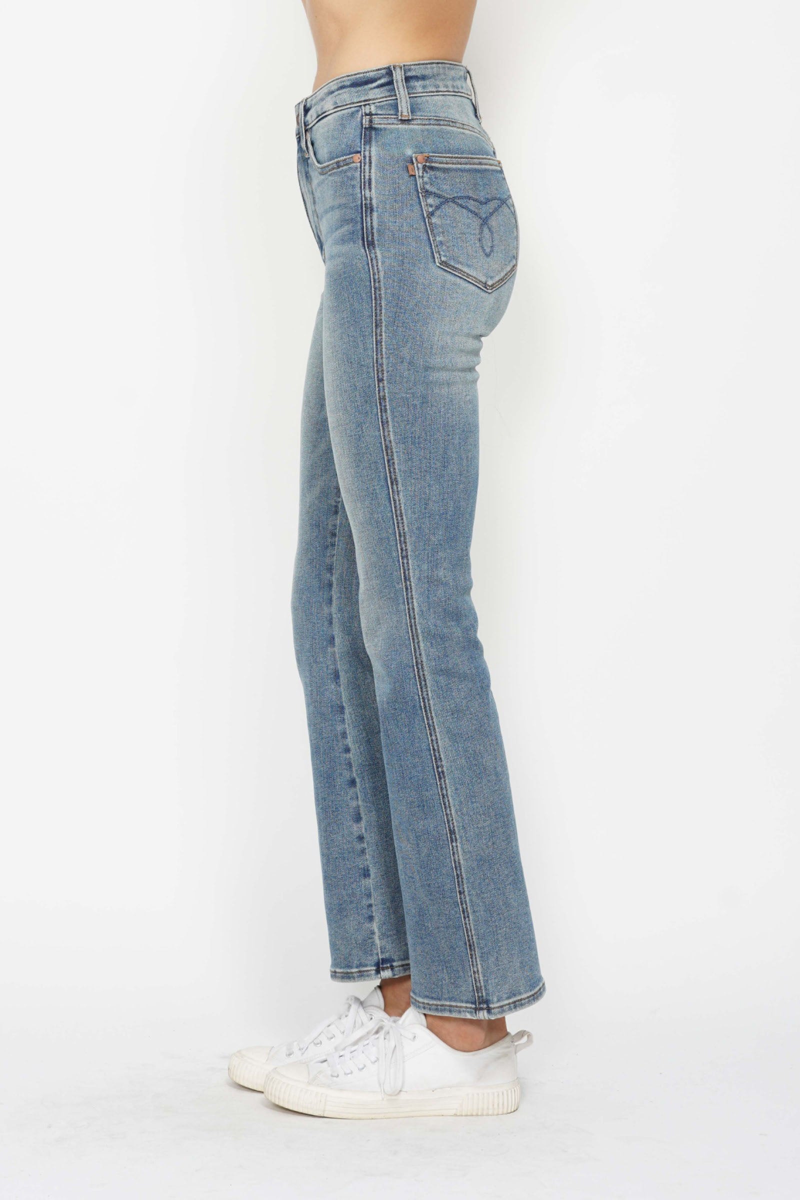Judy Blue Full Size Tummy Control Back Embroidered Pocketed Bootcut Jeans Plus Size.