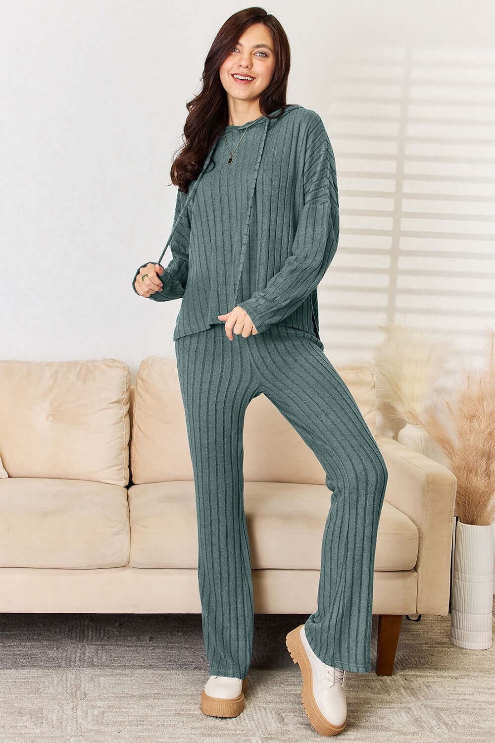 Basic Bae Full Size Ribbed Drawstring Hooded Top and Straight Pants Set.